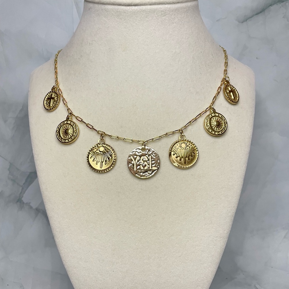 Upcycled Gold Pendant Coin Charms Paper Clip Chain Necklace